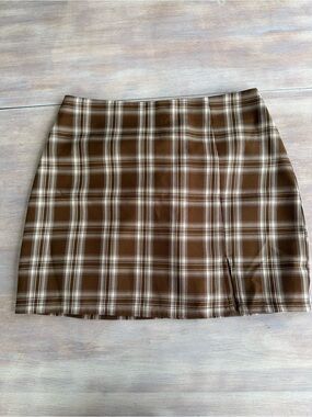 Lulu's Brown Plaid Mini Skirt with Slit M